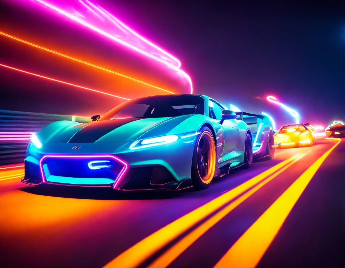 Neon-lit futuristic highway with racing sports car