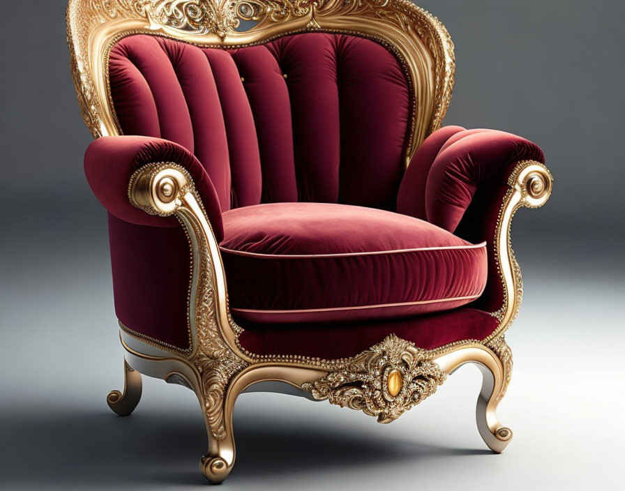 Luxurious Golden Armchair with Red Velvet Upholstery and Intricate Carvings