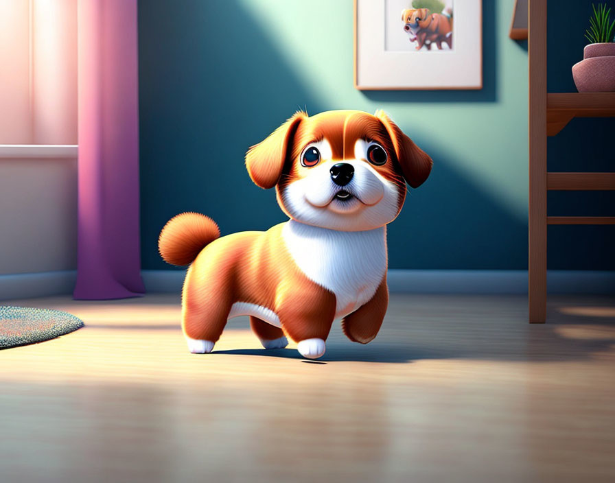 Adorable animated puppy in cozy room with portrait on wall