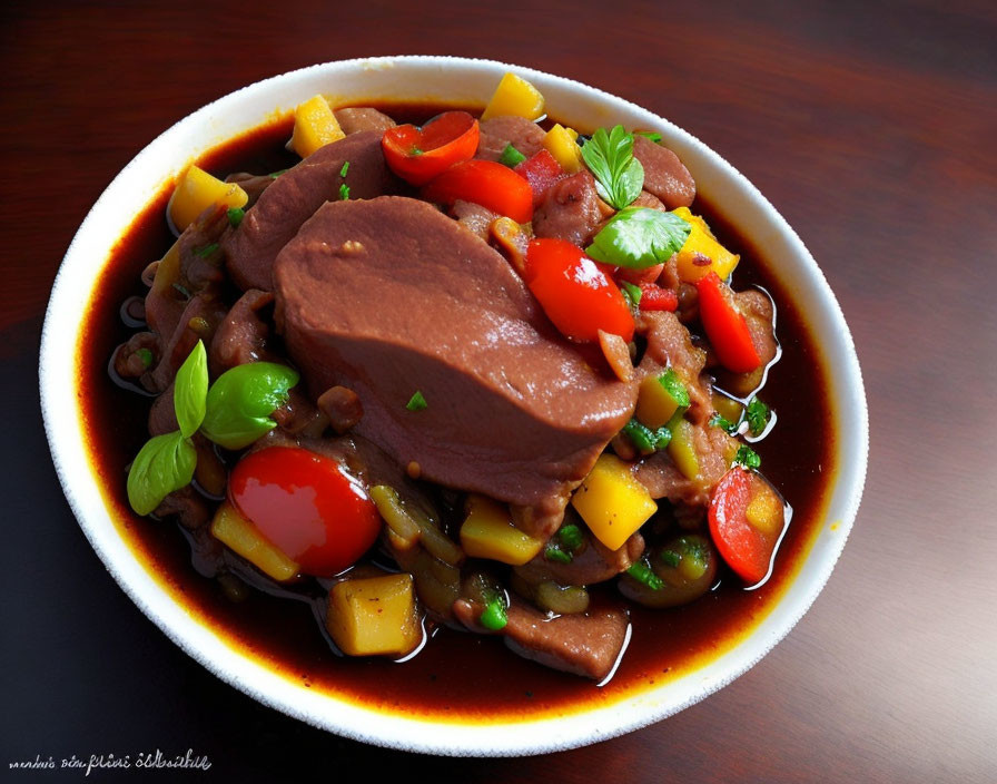 Savory stew with large meat piece, sauce, diced vegetables, and basil garnish