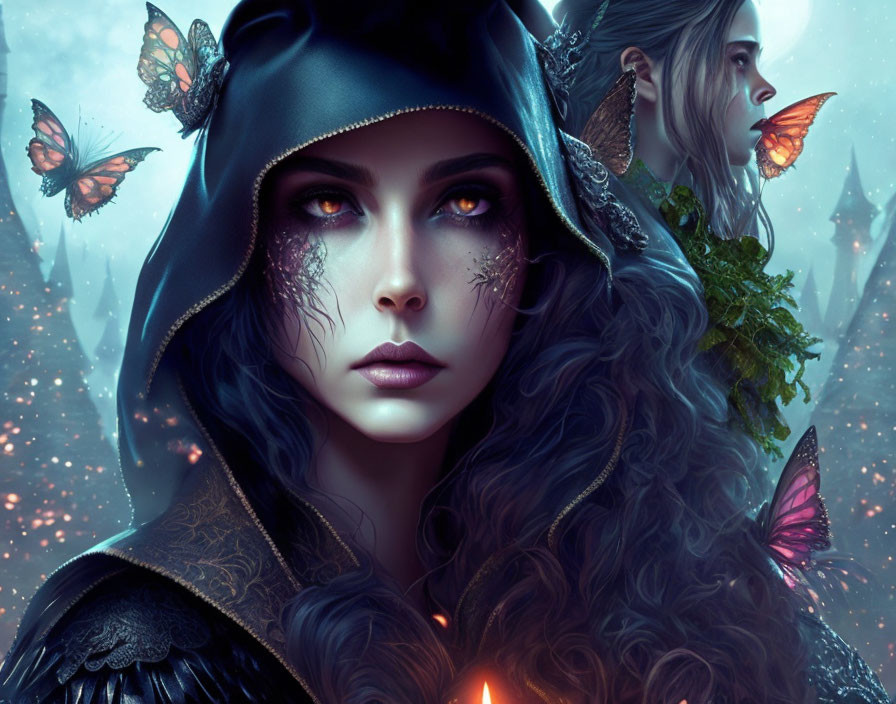 Mystical women digital artwork with detailed capes and butterflies on blue backdrop