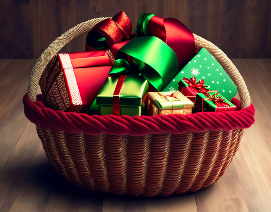 Colorful Gift-Wrapped Presents in Wicker Basket on Wooden Background