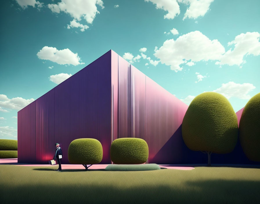 Purple geometric building with person, green trees, and pastel sky