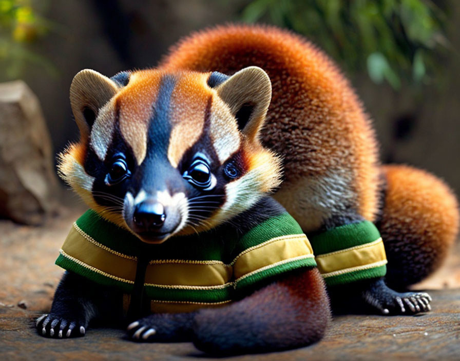 Colorful Coati in Green Sweater Against Natural Backdrop