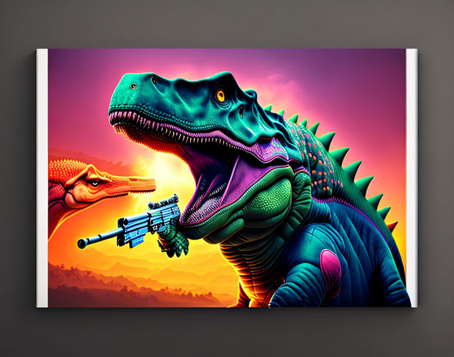 Colorful digital artwork: Green and orange dinosaurs with futuristic guns in sunset scene