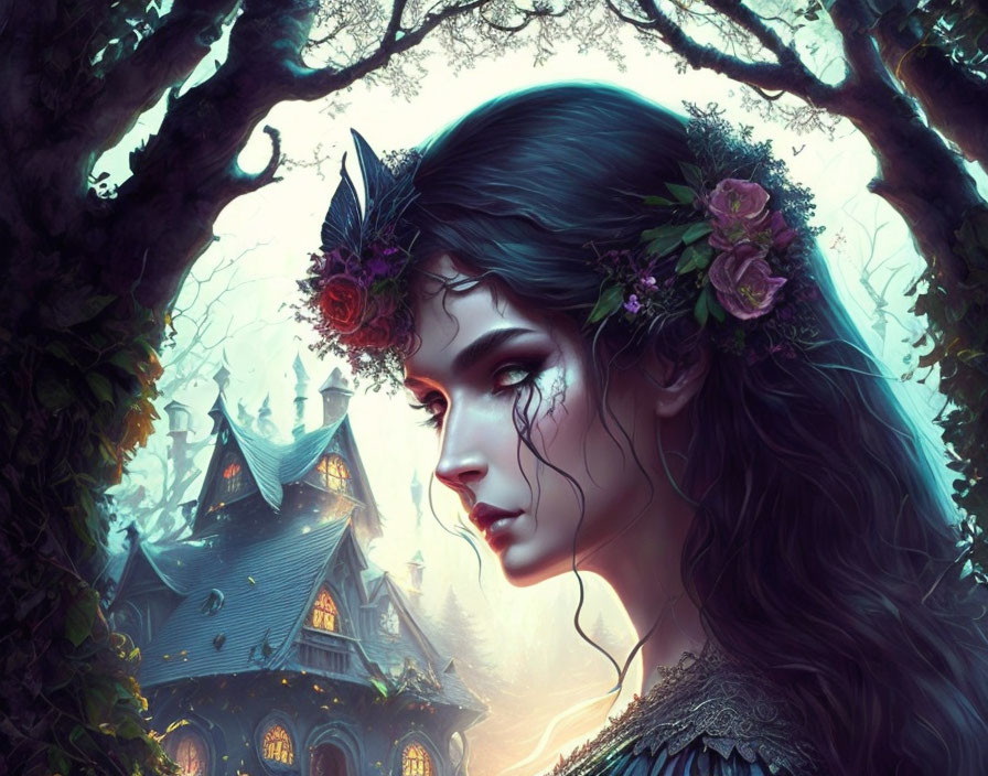 Mystical female figure with floral crown in eerie Gothic house setting