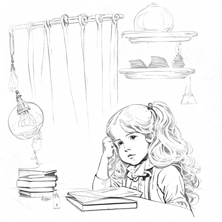 Young girl sketch with flowing hair surrounded by books, light bulb, and shelves