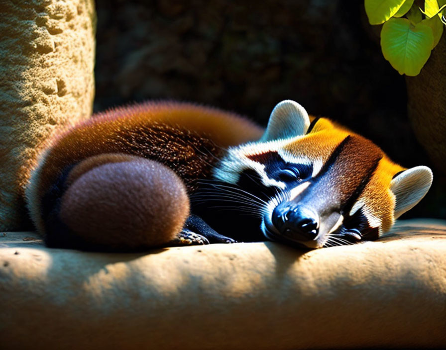 Red panda resting on stone platform in dappled sunlight