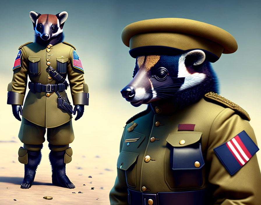 Two animated coatis in military uniforms with radio and salute on blue backdrop