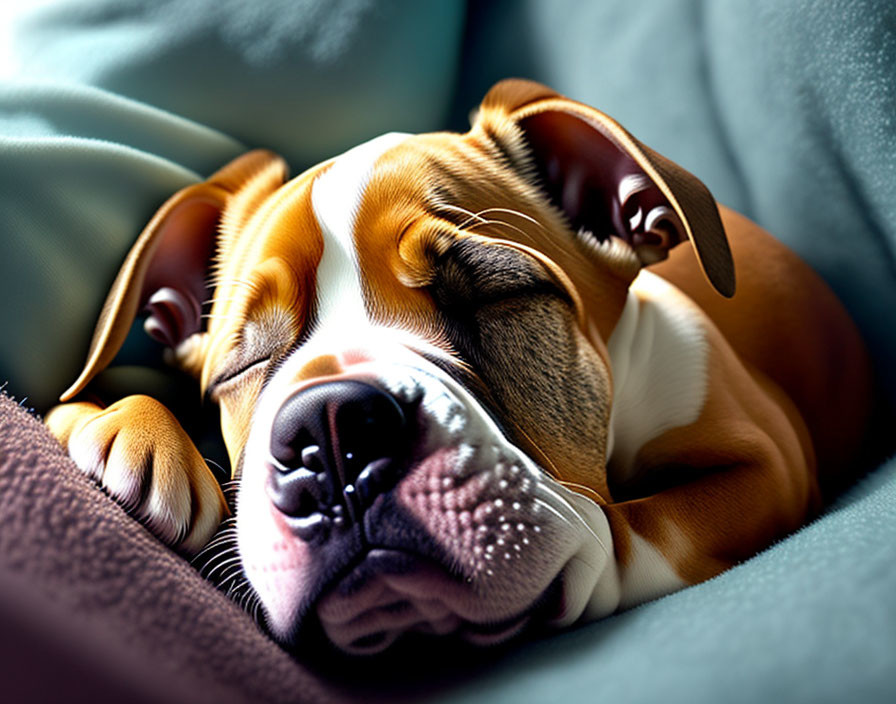 Brown and White Dog Sleeping Peacefully on Soft Blue Fabric