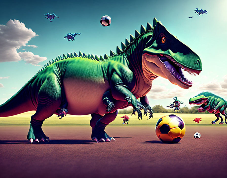 Animated dinosaur playing soccer with smaller dinosaurs in colorful scene