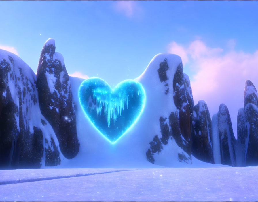 Neon Blue Heart in Snowy Landscape with Pink Sky