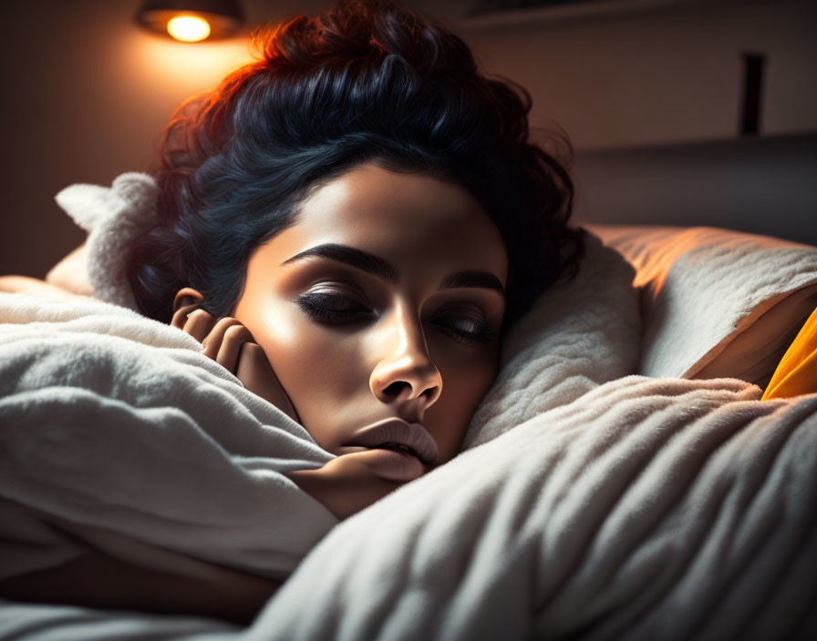 Dark-haired woman peacefully sleeping in soft, warm light