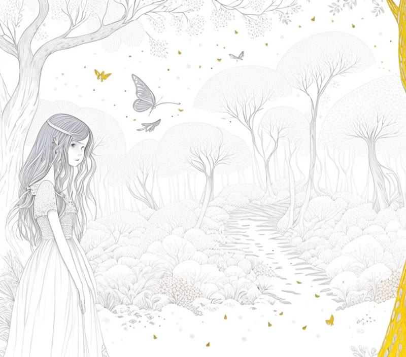 Monochromatic illustration of girl in long dress in whimsical forest