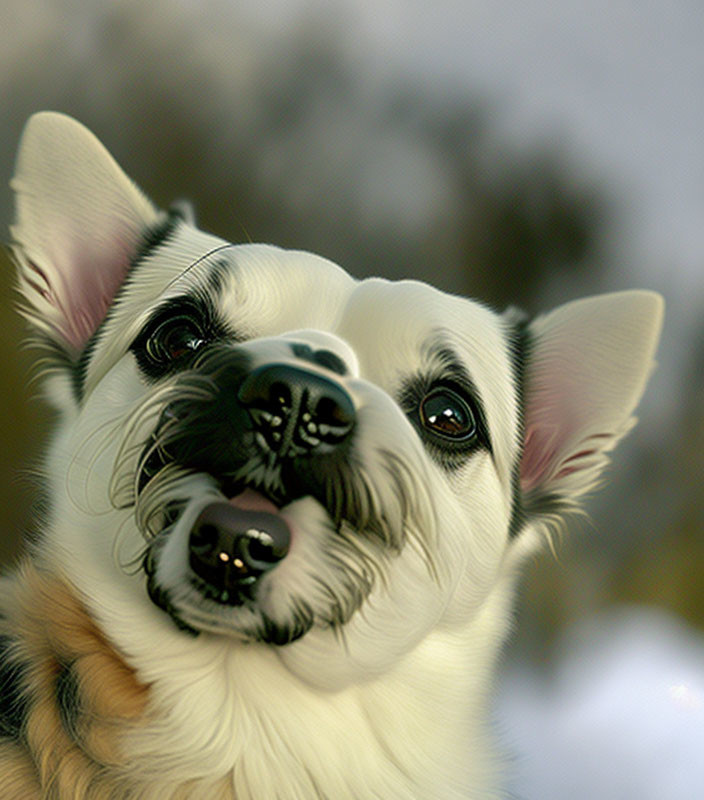 Black and White Dog with Large Ears and Soulful Eyes on Fuzzy Background