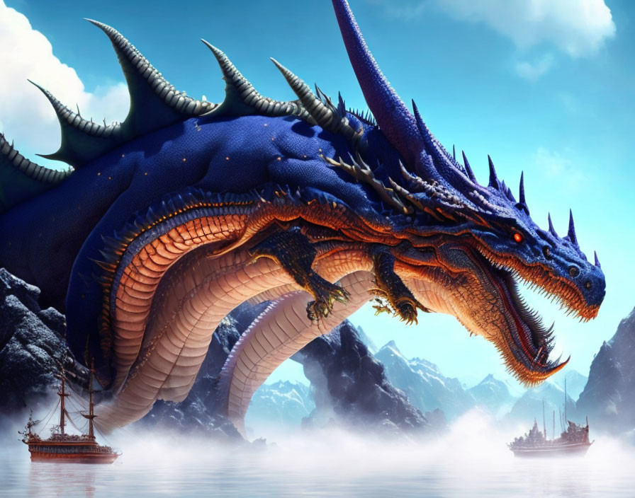 Blue dragon overlooking misty sea with ships and icy mountains