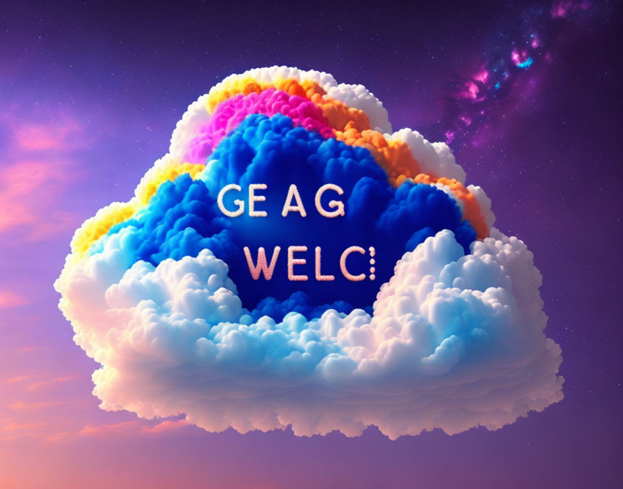 Colorful cloud formation against starry purple sky with partial text "GE AG WELC