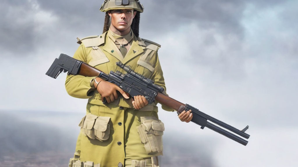 Soldier in uniform with helmet holding assault rifle under cloudy sky