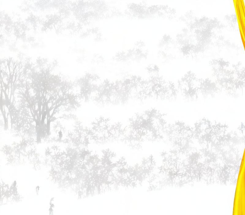 Foggy landscape with tree silhouettes and person, yellow curve on right edge