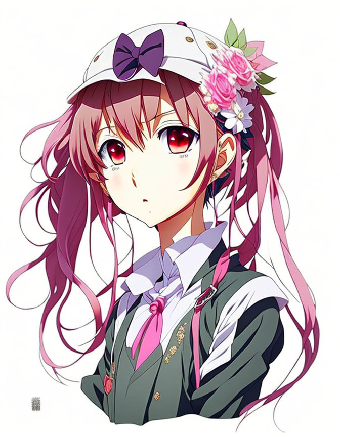 Pink-haired anime girl in school uniform with cap and bow.