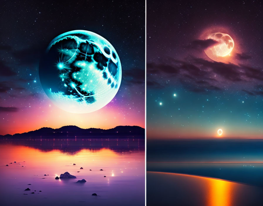 Surreal digital artwork: Oversized moons over tranquil beaches in day & twilight