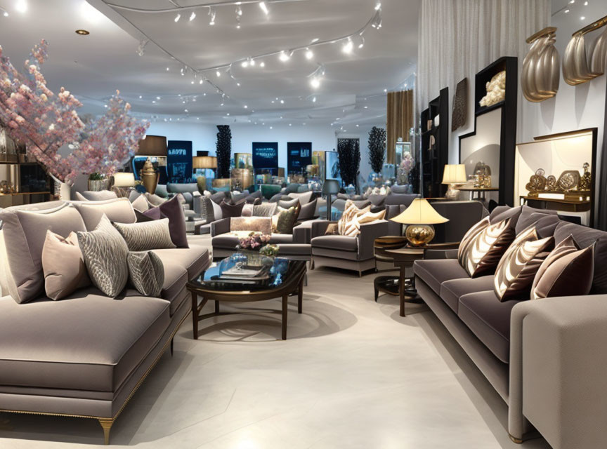 Elegant Furniture Showroom with Pink Accents & Warm Lighting