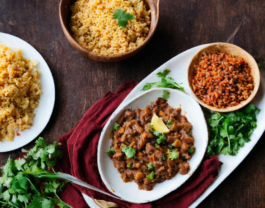 Brown Lentil Curry with Lemon and Cilantro, Rice, and Red Spices on Wooden Table