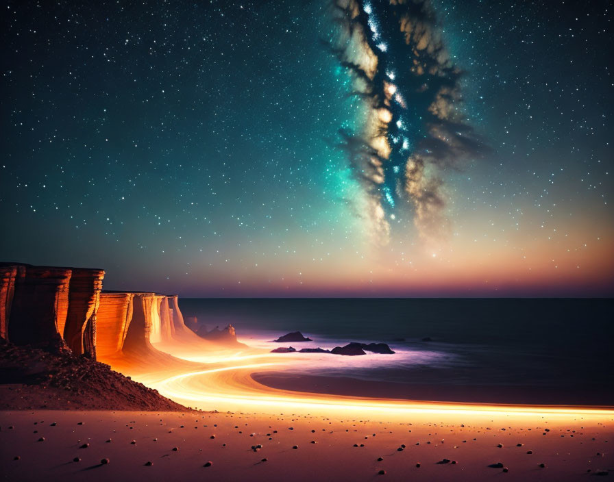 Serene beach with glowing cliffs under starry night sky