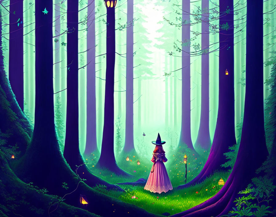 Enchanting forest scene with tall trees, luminous haze, witch, glowing plants, and lantern