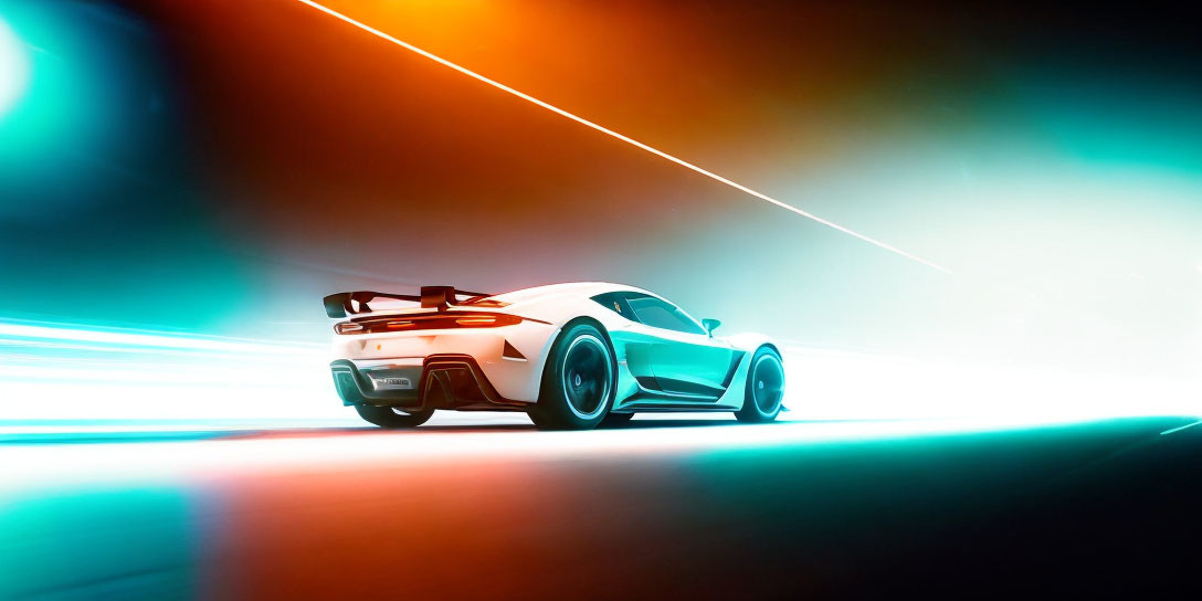 Vibrant light trails follow sleek sports car at speed