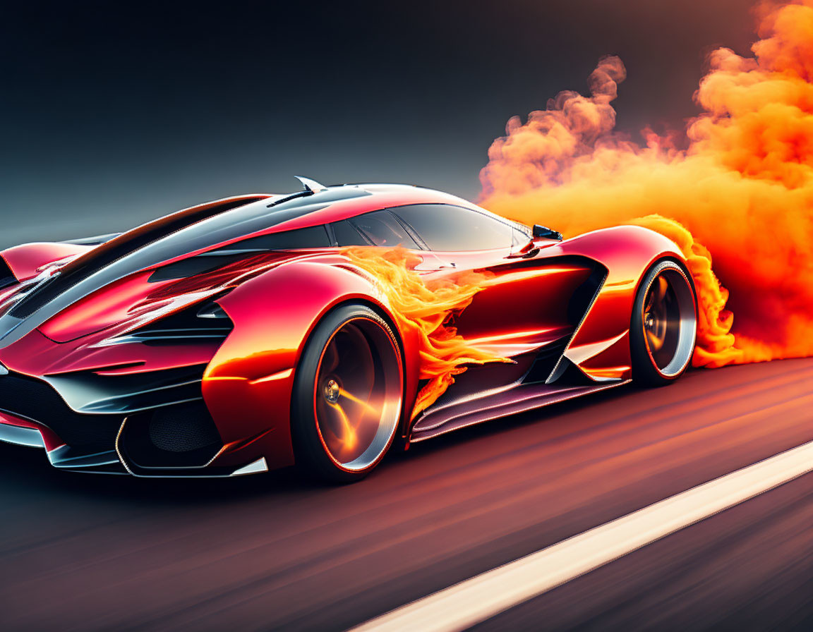 Dynamic red sports car with flame designs speeding on road.