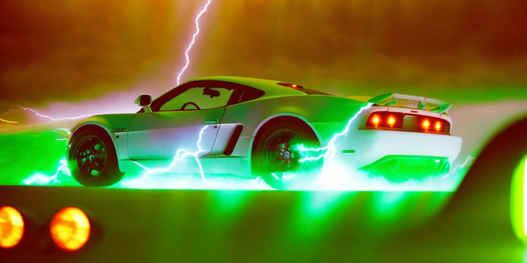 Toy sports car illuminated in green and white light with lightning bolt backdrop.