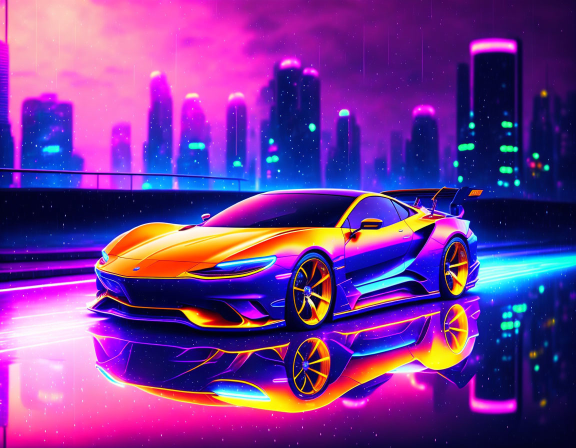 Neon-lit cyberpunk cityscape with sleek sports car