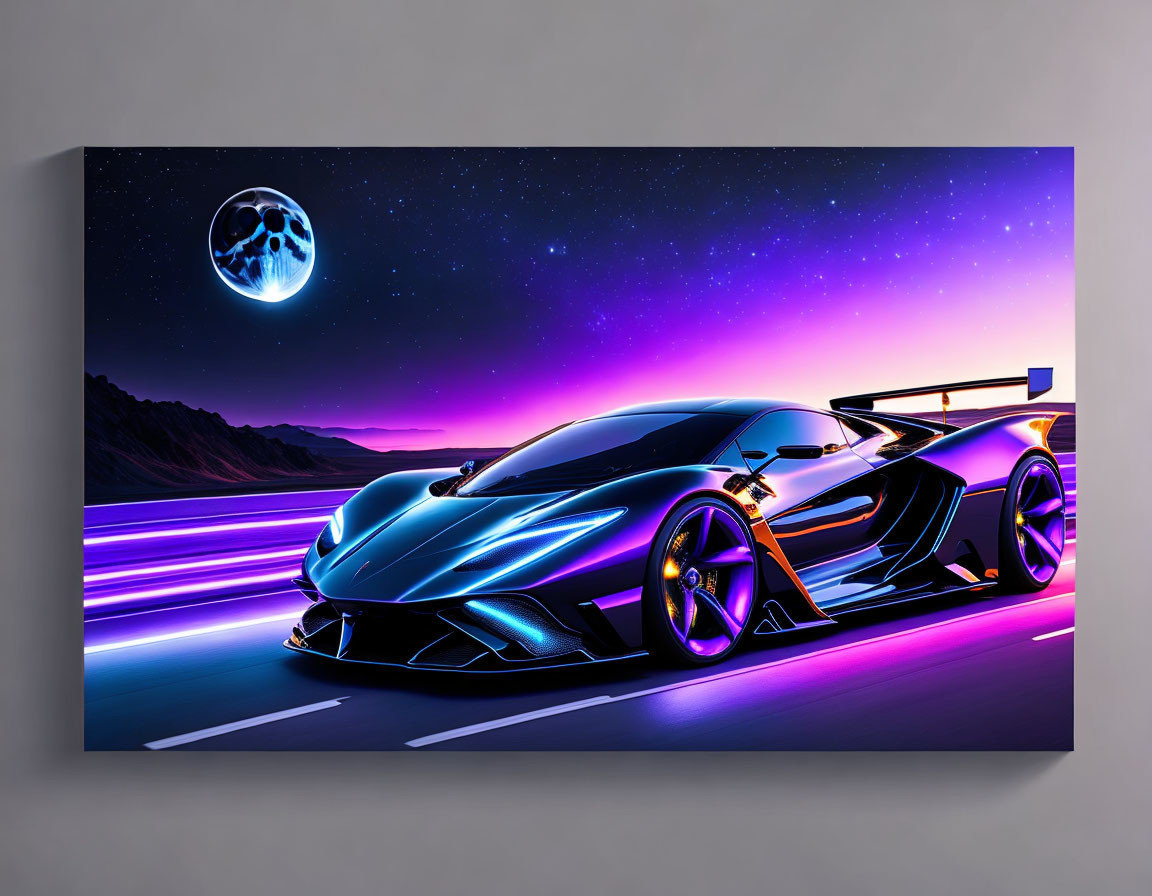 Futuristic sports car on night highway with blue moon