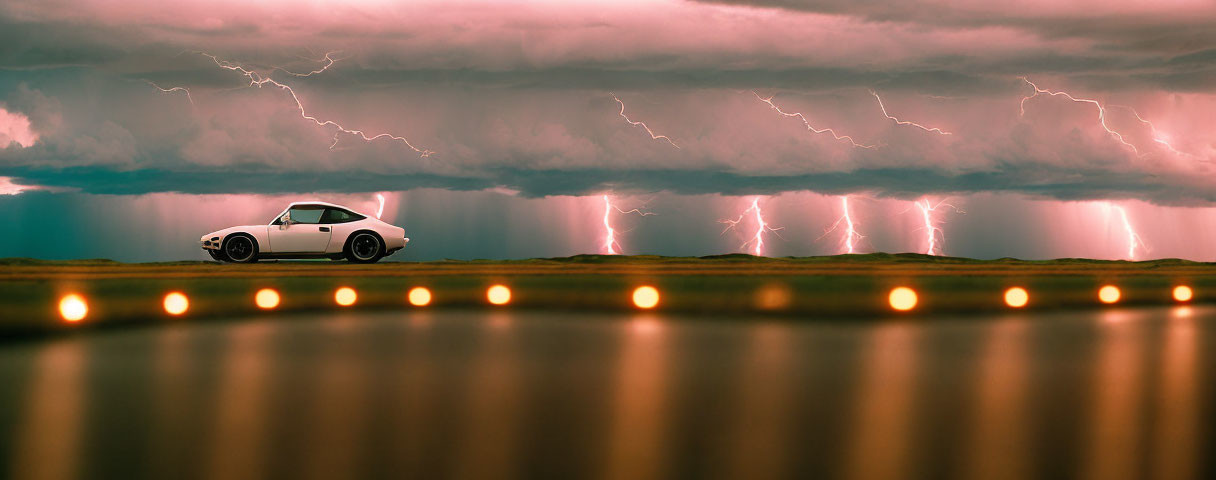 Vintage car parked under stormy sky with lightning strikes.