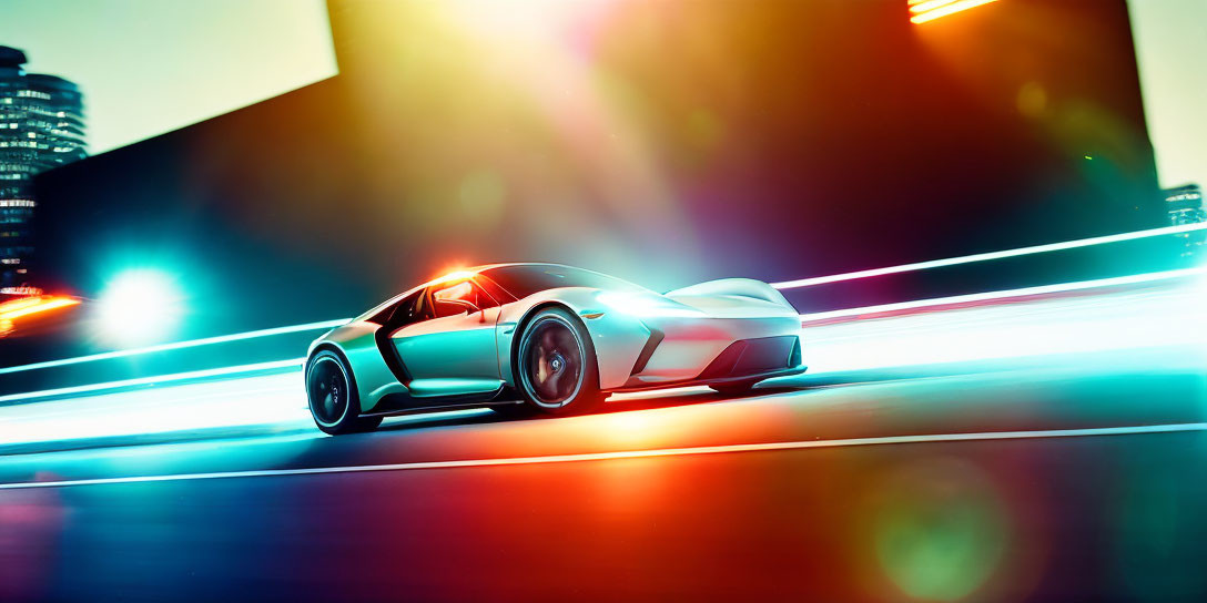 Neon-lit city night scene with sleek sports car.