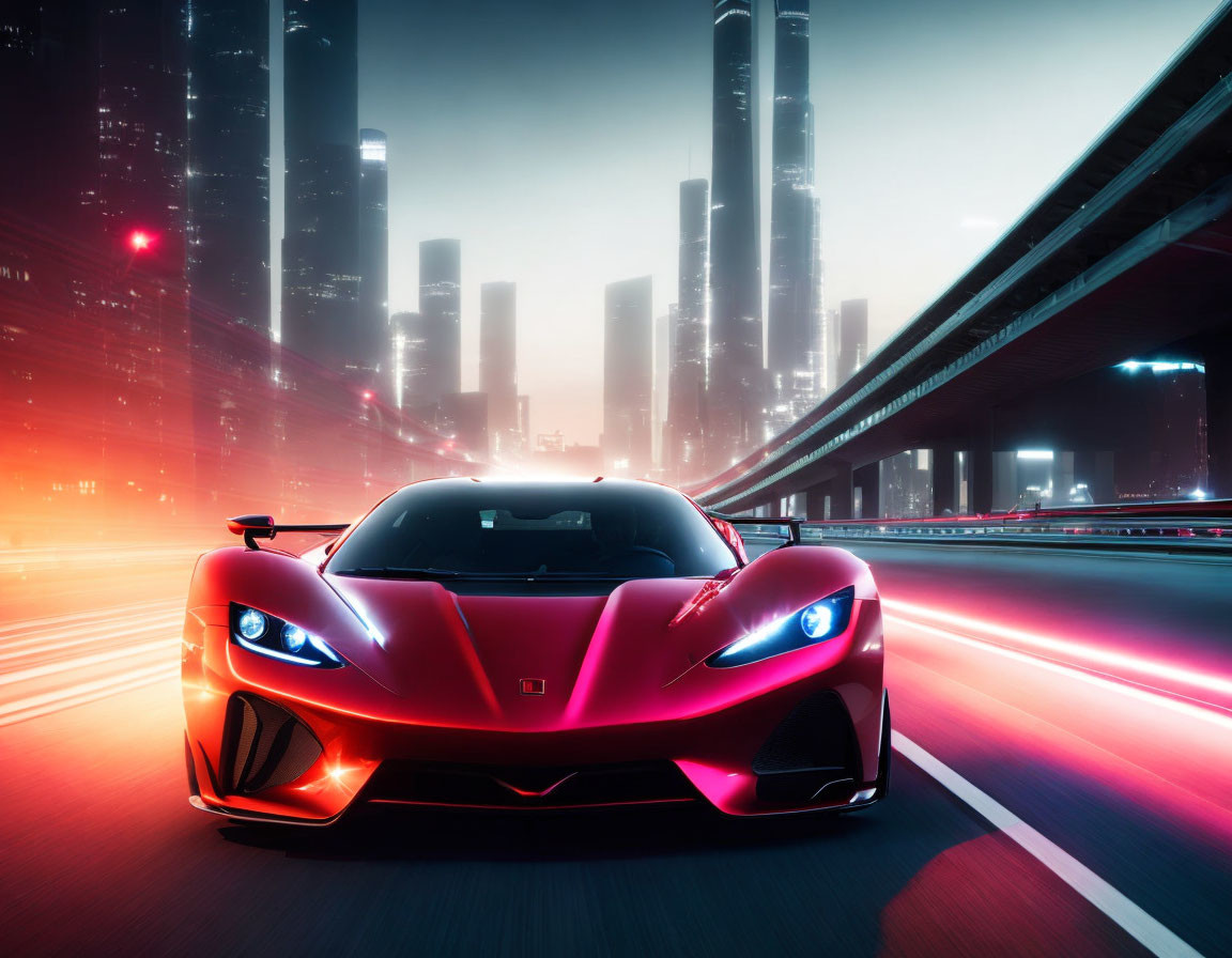 Futuristic cityscape: Red sports car in motion at dusk