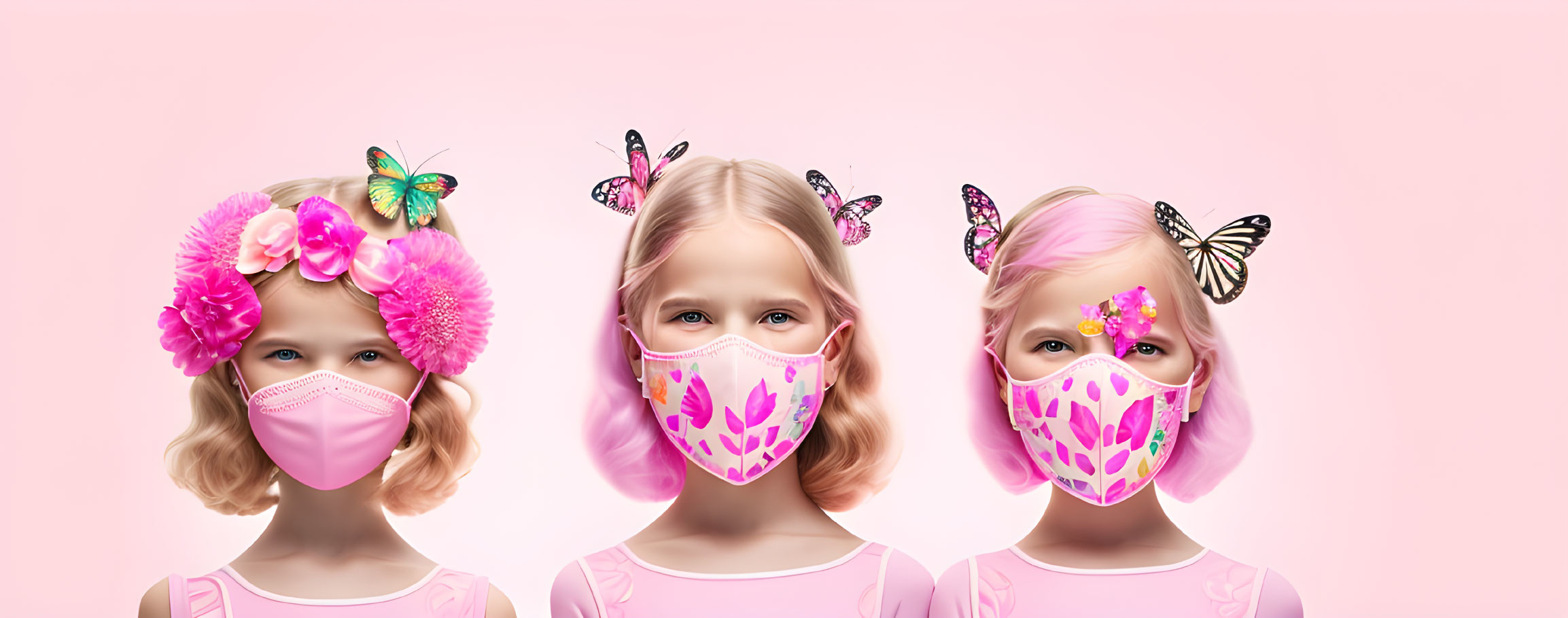 Three girls in face masks and hair accessories on pink background