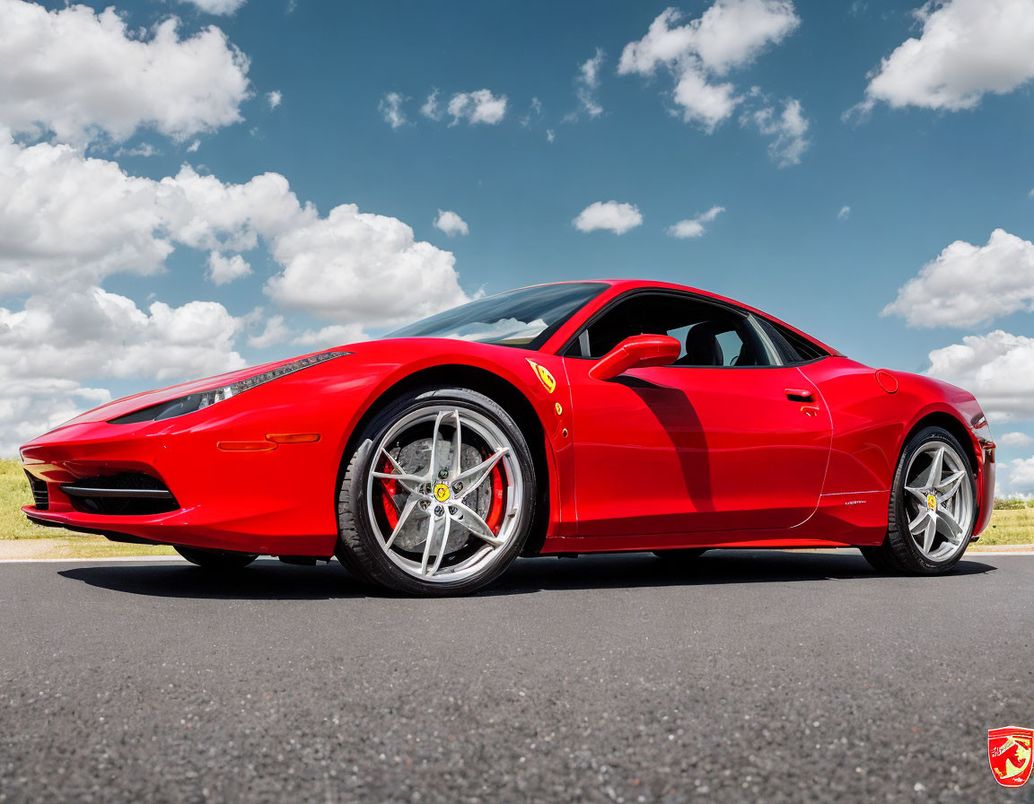 Vibrant red Ferrari sports car under blue sky with shiny rims and prancing horse logo