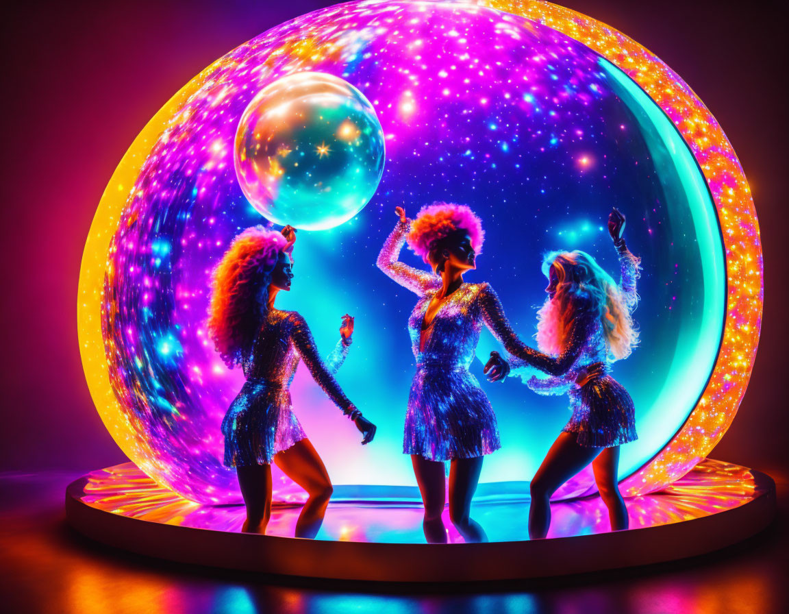 Silhouetted figures with afro hairstyles dance in glowing outfits against cosmic backdrop