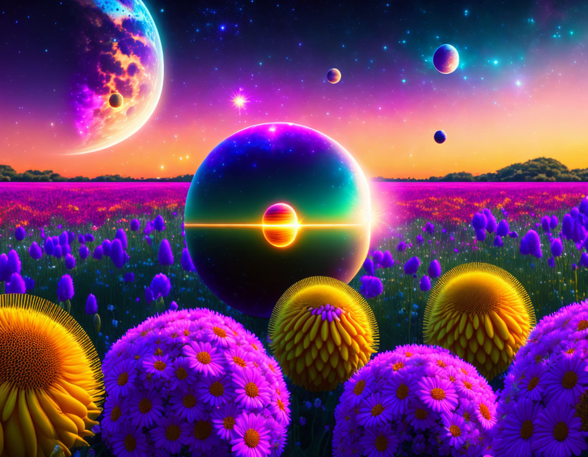 Colorful flowers and surreal planets in vibrant digital art