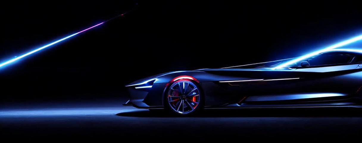 Sleek sports car with red illuminated wheel accents on dark background.