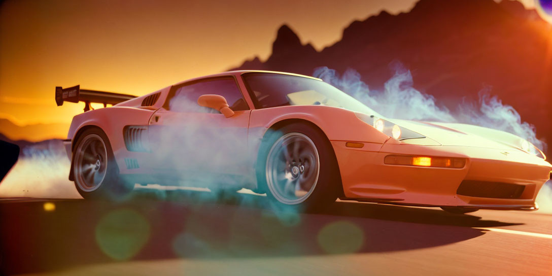 White Sports Car with Tire Smoke in Orange Sunset & Mountain Silhouette