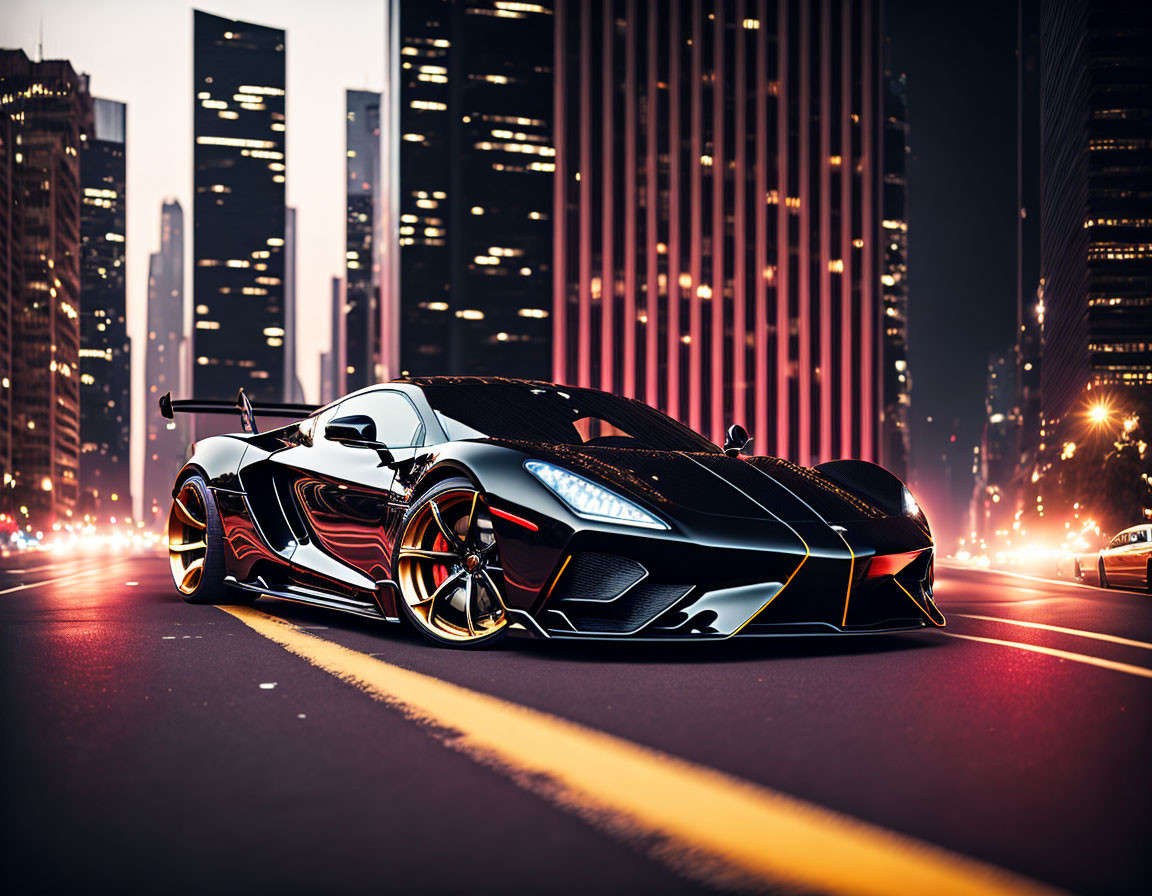 Black Sports Car with Red Accents in City Setting at Dusk