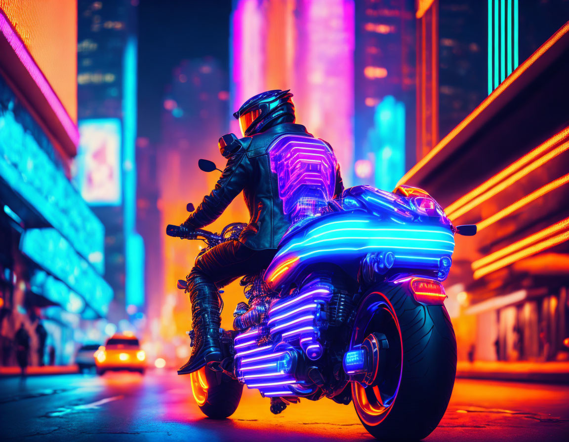 Futuristic person on neon-lit motorcycle in vibrant cityscape