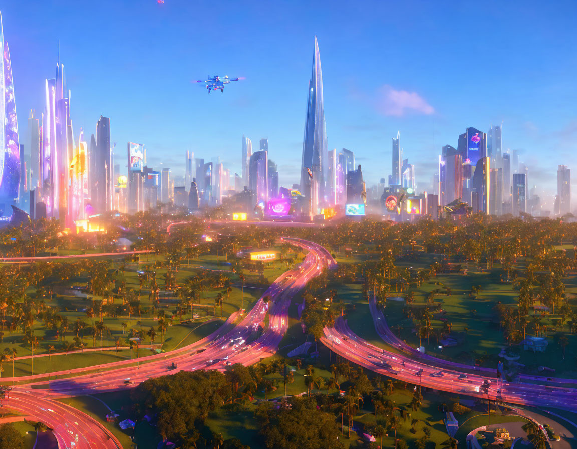 Futuristic cityscape at dusk with luminous buildings, highways, greenery, and flying vehicles