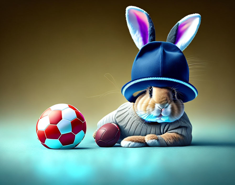 Adorable bunny with blue hat and sweater next to soccer and football.