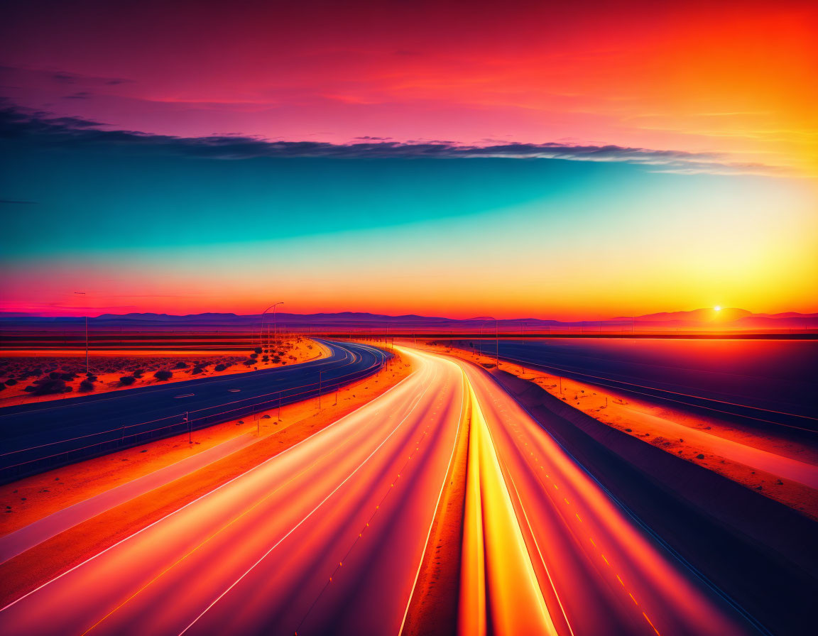 Vibrant sunset over curving highway with light trails depicting bustling evening landscape