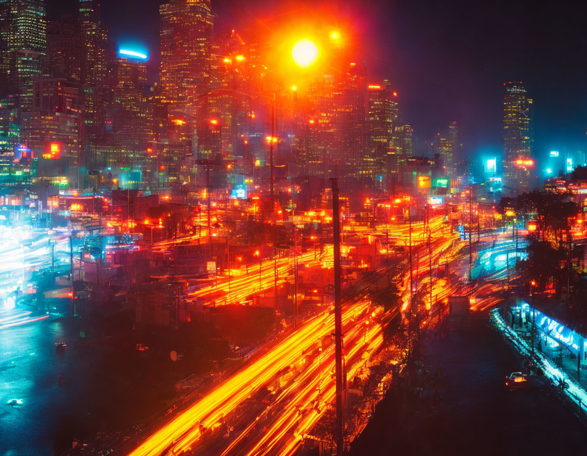 Vibrant red and blue lights illuminate blurred cityscape at night