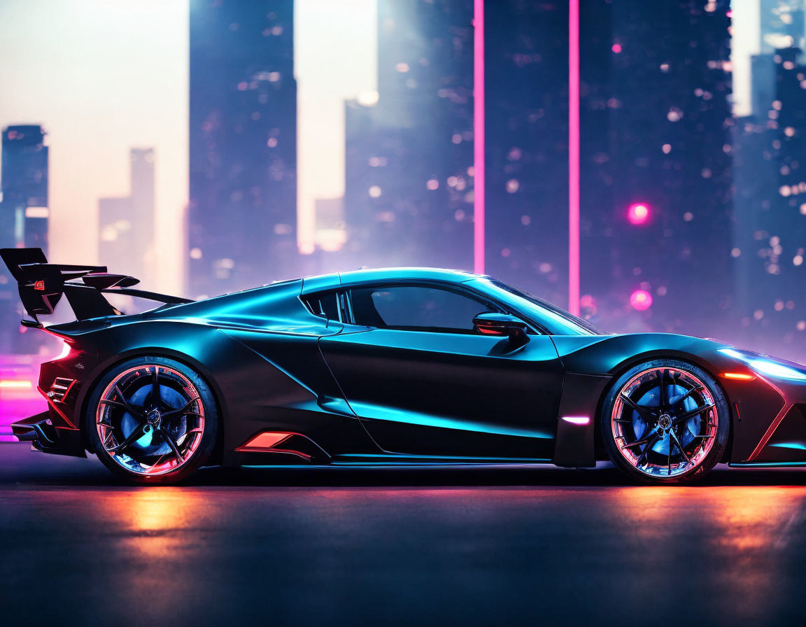 Black sports car with large rear wing against neon-lit cityscape at dusk